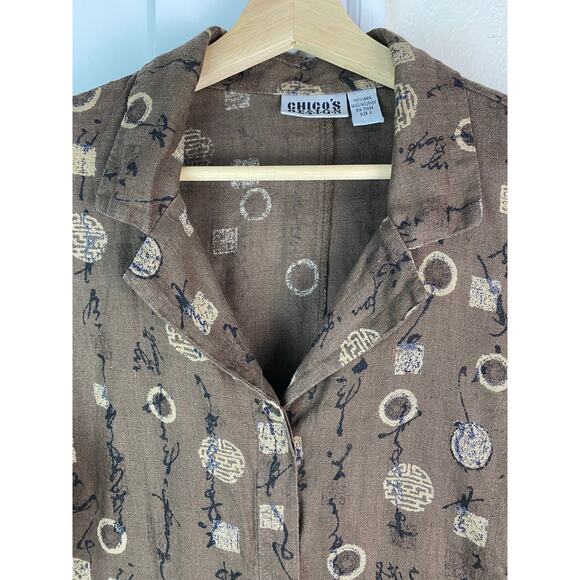 Chico's Women's Size 2 Brown Black Asian 100% Linen Button Up Shirt Jacket - Picture 3 of 7